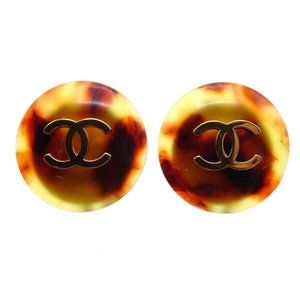 Authentic Chanel Button Earrings Clip-On Brown